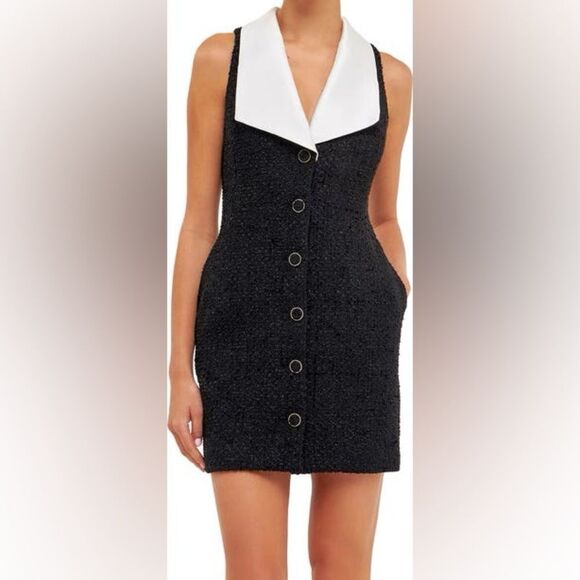 NWT Endless Rose Contrast Collar Tweed Mini Dress size xs women's with pockets - Picture 1 of 16